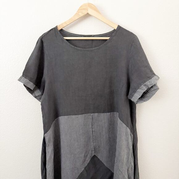 MEO MELICharcoal Gray Long Maxi Stripe Block Print 100% Linen DressLarge